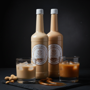 Dos botellas de 1 litro de Herencia Jarocha, una de cacahuate y una de cajeta, representando el paquete Dúo de Herencia. Ambas cremas de licor están servidas en vasos con hielo sobre una pizarra.