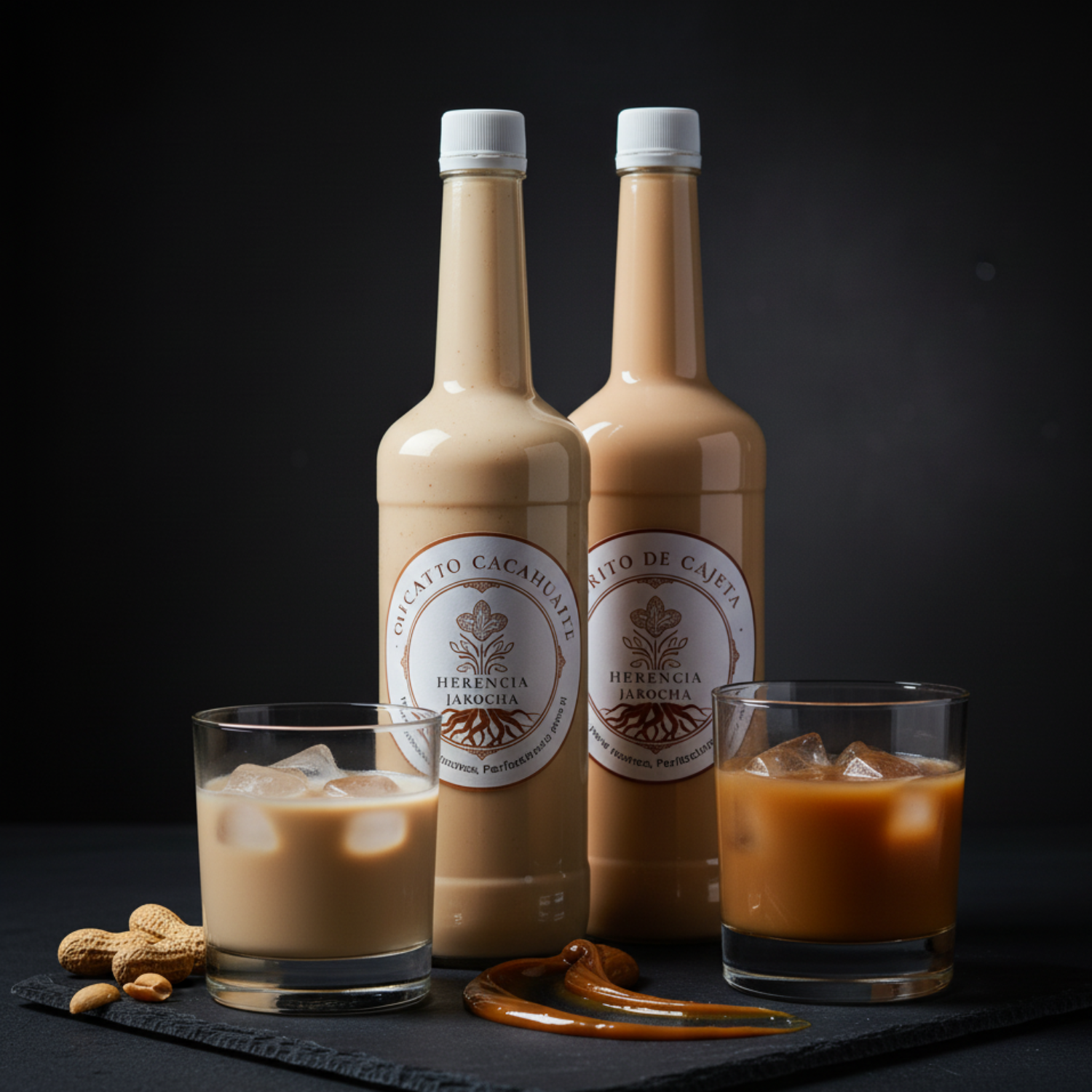 Dos botellas de 1 litro de Herencia Jarocha, una de cacahuate y una de cajeta, representando el paquete Dúo de Herencia. Ambas cremas de licor están servidas en vasos con hielo sobre una pizarra.