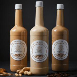 La colección completa de Herencia Jarocha: tres botellas de 1 litro de Crema de Licor de Cajeta, Cacahuate y Café, representando el paquete personalizable "Reserva de Herencia".