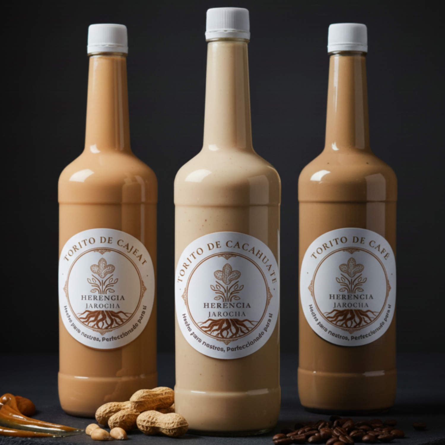 La colección completa de Herencia Jarocha: tres botellas de 1 litro de Crema de Licor de Cajeta, Cacahuate y Café, representando el paquete personalizable "Reserva de Herencia".