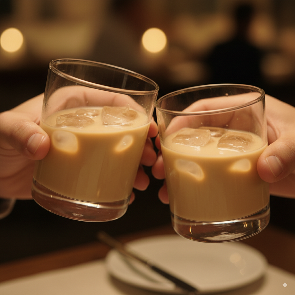 Dos personas brindan, un momento ideal después de consultar nuestra guía de Crema de licor precios y elegir un sabor de Herencia Jarocha.