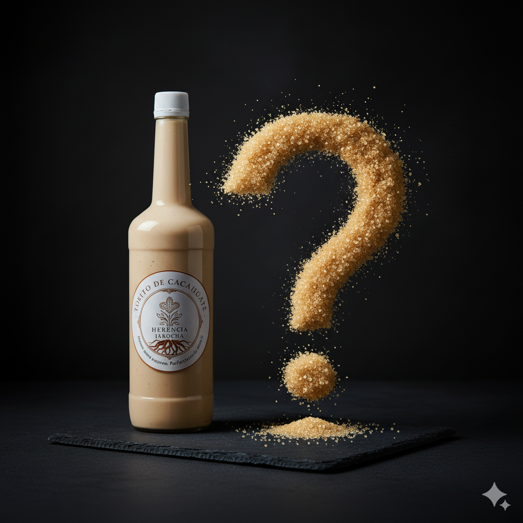 Imagen conceptual de la Crema de Licor de Cacahuate de Herencia Jarocha, con un signo de interrogación hecho de azúcar de caña, simbolizando la curiosidad sobre sus ingredientes y formas de disfrutarla.